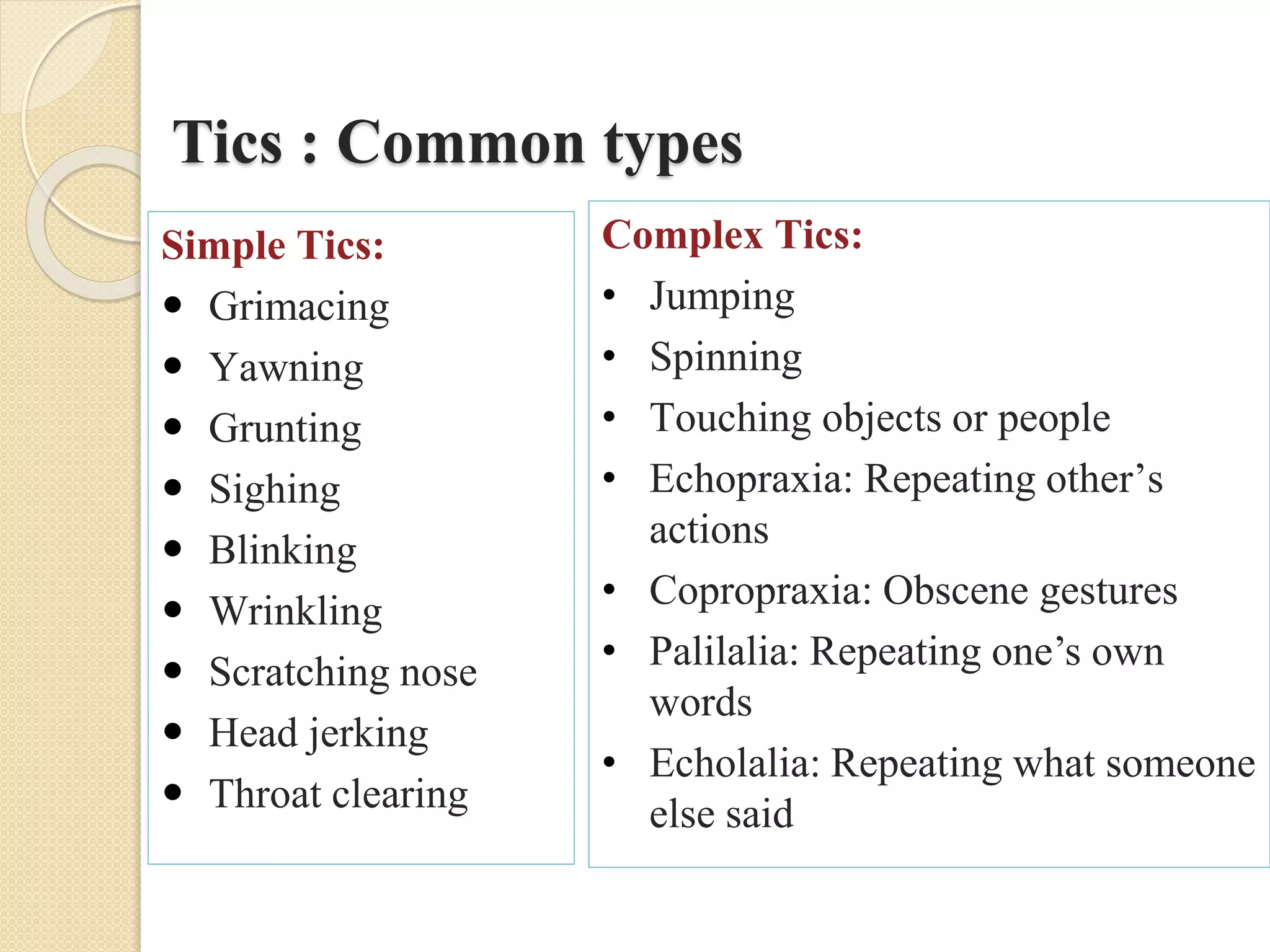 Tics : Common types
Simple Tics:
 Grimacing
 Yawning
 Grunting
 Sighing
 Blinking
 Wrinkling
 Scratching nose
 Head jerking
 Throat clearing
Complex Tics:
• Jumping
• Spinning
• Touching objects or people
• Echopraxia: Repeating other’s
actions
• Copropraxia: Obscene gestures
• Palilalia: Repeating one’s own
words
• Echolalia: Repeating what someone
else said
 
