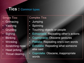 Tics : Common types
Simple Tics:
• Grimacing
• Yawning
• Grunting
• Sighing
• Blinking
• Wrinkling
• Scratching nose
• Head jerking
• Throat clearing

Complex Tics:
• Jumping
• Spinning
• Touching objects or people
• Echopraxia: Repeating other‟s actions
• Copropraxia: Obscene gestures
• Palilalia: Repeating one‟s own words
• Echolalia: Repeating what someone
else said
• Coprolalia: Obscene, inappropriate
words

 