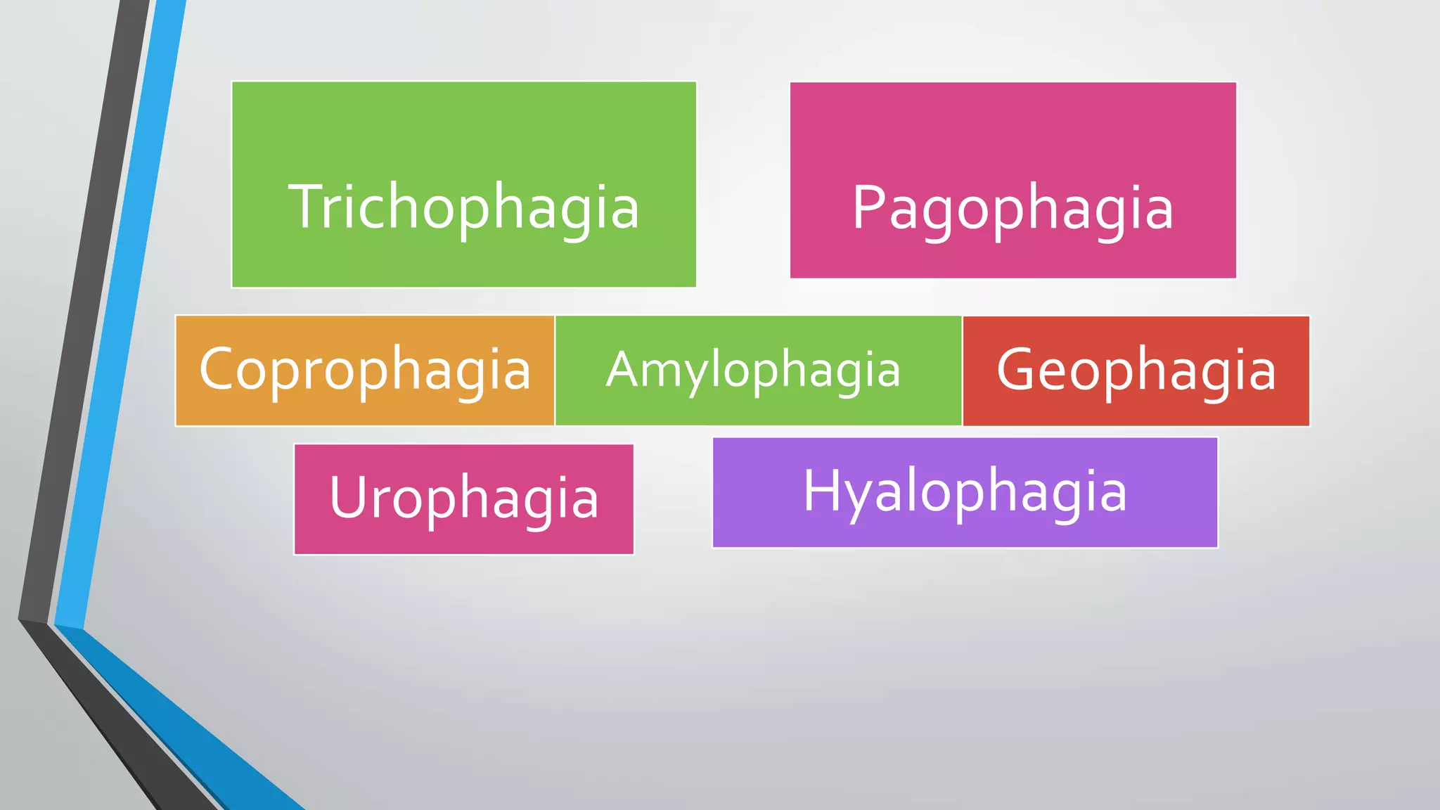 AmylophagiaCoprophagia Geophagia
Urophagia Hyalophagia
Trichophagia Pagophagia
 