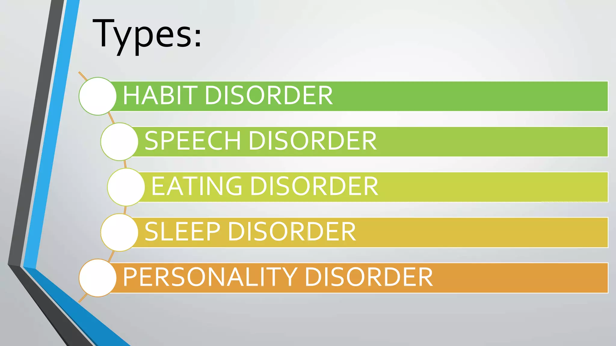 Types:
HABIT DISORDER
SPEECH DISORDER
EATING DISORDER
SLEEP DISORDER
PERSONALITY DISORDER
 