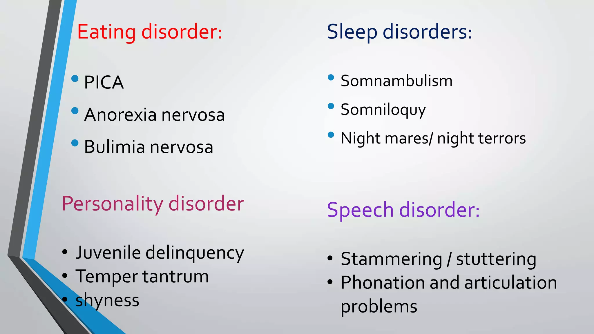 Eating disorder:
•PICA
•Anorexia nervosa
•Bulimia nervosa
Sleep disorders:
• Somnambulism
• Somniloquy
• Night mares/ night terrors
Personality disorder
• Juvenile delinquency
• Temper tantrum
• shyness
Speech disorder:
• Stammering / stuttering
• Phonation and articulation
problems
 