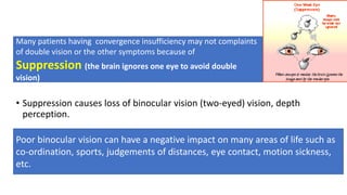 • Suppression causes loss of binocular vision (two-eyed) vision, depth
perception.
Many patients having convergence insufficiency may not complaints
of double vision or the other symptoms because of
Suppression (the brain ignores one eye to avoid double
vision)
Poor binocular vision can have a negative impact on many areas of life such as
co-ordination, sports, judgements of distances, eye contact, motion sickness,
etc.
 