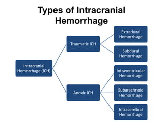 Types of Intracranial
Hemorrhage
Intracranial
Hemorrhage (ICH)
Traumatic ICH
Extradural
Hemorrhage
Subdural
Hemorrhage
Anoxic ICH
Intraventricular
Hemorrhage
Subarachnoid
Hemorrhage
Intracerebral
Hemorrhage
 