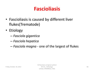 Fascioliasis
• Fascioliasis is caused by different liver
flukes(Trematode)
• Etiology
– Fasciola gigantica
– Fasciola hepatica
– Fasciola magna - one of the largest of flukes

Friday, October 18, 2013

Dr.Pavulraj.S, (original author)
M.V.Sc., Pathology
scholar, IVRI(NRCE), India

83

 