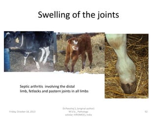 Swelling of the joints

Septic arthritis involving the distal
limb, fetlocks and pastern joints in all limbs

Friday, October 18, 2013

Dr.Pavulraj.S, (original author)
M.V.Sc., Pathology
scholar, IVRI(NRCE), India

92

 