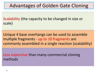 Advantages of Golden Gate Cloning
Scalability (the capacity to be changed in size or
scale)
Unique 4 base overhangs can be used to assemble
multiple fragments - up to 10 fragments are
commonly assembled in a single reaction (scalability)
Less expensive than many commercial cloning
methods
26
 