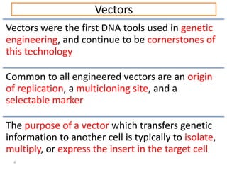 Vectors
Vectors were the first DNA tools used in genetic
engineering, and continue to be cornerstones of
this technology
Common to all engineered vectors are an origin
of replication, a multicloning site, and a
selectable marker
The purpose of a vector which transfers genetic
information to another cell is typically to isolate,
multiply, or express the insert in the target cell
4
 