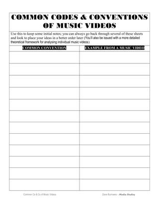 COMMON CODES & CONVENTIONS
OF MUSIC VIDEOS
Use this to keep some initial notes; you can always go back through several of these sheets
and look to place your ideas in a better order later (You’ll also be issued with a more detailed
theoretical framework for analysing individual music videos)
COMMON CONVENTION EXAMPLE FROM A MUSIC VIDEO
Common Cs & Cs of Music Videos Dave Burrowes - Media Studies
 