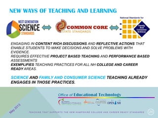 NEW WAYS OF TEACHING AND LEARNING
25
ENGAGING IN CONTENT RICH DISCUSSIONS AND REFLECTIVE ACTIONS THAT
ENABLE STUDENTS TO MAKE DECISIONS AND SOLVE PROBLEMS WITH
EVIDENCE.
REQUIRES EFFECTIVE PROJECT BASED TEACHING AND PERFORMANCE BASED
ASSESSMENTS
EXEMPLIFIES TEACHING PRACTICES FOR ALL NH COLLEGE AND CAREER
READY AREAS.
SCIENCE AND FAMILY AND CONSUMER SCIENCE TEACHING ALREADY
ENGAGES IN THOSE PRACTICES.
T E A C H I N G T H A T S U P P O R T S T H E N E W H A M P S H I R E C O L L E G E A N D C A R E E R R E A D Y S T A N D A R D S
 