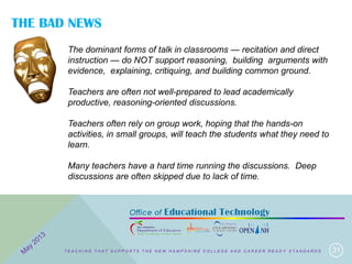 THE BAD NEWS
31
The dominant forms of talk in classrooms — recitation and direct
instruction — do NOT support reasoning, building arguments with
evidence, explaining, critiquing, and building common ground.
Teachers are often not well-prepared to lead academically
productive, reasoning-oriented discussions.
Teachers often rely on group work, hoping that the hands-on
activities, in small groups, will teach the students what they need to
learn.
Many teachers have a hard time running the discussions. Deep
discussions are often skipped due to lack of time.
T E A C H I N G T H A T S U P P O R T S T H E N E W H A M P S H I R E C O L L E G E A N D C A R E E R R E A D Y S T A N D A R D S
 