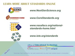 LEARN MORE ABOUT STANDARDS ONLINE
32
www.NextGenScience.org
www.CoreStandards.org
www.nasafacs.org/national-
standards-home.html
www.iste.org/standards
T E A C H I N G T H A T S U P P O R T S T H E N E W H A M P S H I R E C O L L E G E A N D C A R E E R R E A D Y S T A N D A R D S
 