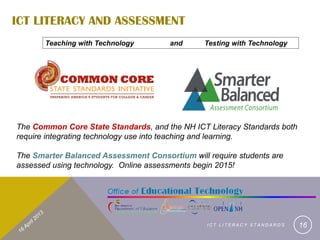 ICT LITERACY AND ASSESSMENT
       Teaching with Technology        and     Testing with Technology




The Common Core State Standards, and the NH ICT Literacy Standards both
require integrating technology use into teaching and learning.

The Smarter Balanced Assessment Consortium will require students are
assessed using technology. Online assessments begin 2015!




                                                ICT LITERACY STANDARDS    16
 