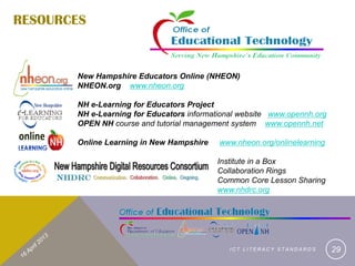 RESOURCES


       New Hampshire Educators Online (NHEON)
       NHEON.org www.nheon.org

       NH e-Learning for Educators Project
       NH e-Learning for Educators informational website www.opennh.org
       OPEN NH course and tutorial management system www.opennh.net

       Online Learning in New Hampshire    www.nheon.org/onlinelearning

                                          Institute in a Box
                                          Collaboration Rings
                                          Common Core Lesson Sharing
                                          www.nhdrc.org




                                              ICT LITERACY STANDARDS      29
 