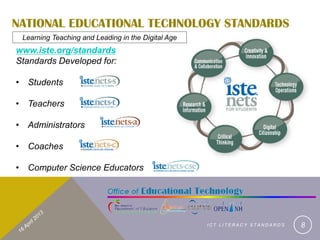 NATIONAL EDUCATIONAL TECHNOLOGY STANDARDS
 Learning Teaching and Leading in the Digital Age
www.iste.org/standards
Standards Developed for:

• Students

• Teachers

• Administrators

• Coaches

• Computer Science Educators




                                                    ICT LITERACY STANDARDS   8
 