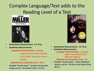 Complex Language/Text adds to the
         Reading Level of a Text




•   Quantitative Measurement: 4.9 (Fry)
•   Qualitative Measurement:                          • Quantitative Measurement: 5.0 (Fry)
                                                      • Qualitative Measurement:
       Language Conventionality: Language
                                                          Language Conventionality: Language
                  patterns of the Puritan societies                  patterns and dialects from
                  in the 1600s, along with mature                    Medieval England.
                  content.                                Adjusted text-complexity value: 7.0
      Adjusted text-complexity value: 10.0 +          • Possible “stretch texts”: Other Medieval
                                                        stories, such as The Once and Future King
•   Possible “stretch texts”: Another Puritan-life
                                                        (8.0+).
    study, such as The Scarlet Letter (11.0+).
 