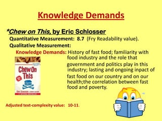 Knowledge Demands
*Chew on This, by Eric Schlosser
 Quantitative Measurement: 8.7 (Fry Readability value).
 Qualitative Measurement:
   Knowledge Demands: History of fast food; familiarity with
                       food industry and the role that
                       government and politics play in this
                       industry; lasting and ongoing inpact of
                       fast food on our country and on our
                       health;the correlation between fast
                       food and poverty.


Adjusted text-complexity value: 10-11.
 