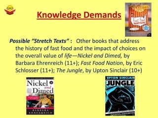 Knowledge Demands

Possible “Stretch Texts” : Other books that address
  the history of fast food and the impact of choices on
  the overall value of life—Nickel and Dimed, by
  Barbara Ehrenreich (11+); Fast Food Nation, by Eric
  Schlosser (11+); The Jungle, by Upton Sinclair (10+)
 