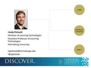LTMS

•Andy Petroski
•Director of Learning Technologies
•Assistant Professor of Learning
Technologies
•Harrisburg University

•apetroski@harrisburgu.edu
•@apetroski

Harrisburg
University

CAELT

 
