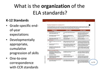 What is the  organization  of the  ELA standards? K-12 Standards Grade-specific end-of-year expectations Developmentally appropriate, cumulative progression of skills One-to-one correspondence with CCR standards p. 11 