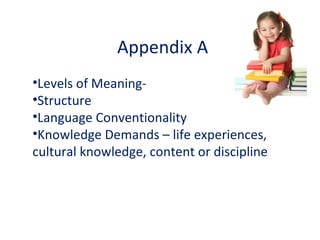 Appendix A Levels of Meaning-  Structure Language Conventionality Knowledge Demands – life experiences, cultural knowledge, content or discipline  