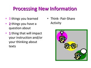 Processing New Information   3  things you learned 2  things you have a question about 1  thing that will impact your instruction and/or your thinking about texts Think- Pair-Share Activity 