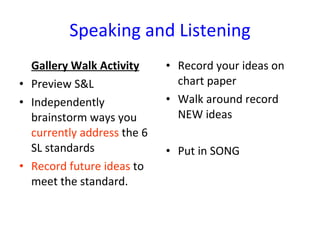 Speaking and Listening Gallery Walk Activity   Preview S&L  Independently brainstorm ways you  currently address  the 6 SL standards Record future ideas  to meet the standard.  Record your ideas on chart paper Walk around record NEW ideas  Put in SONG 