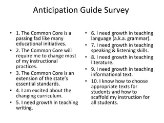 Anticipation Guide Survey  1. The Common Core is a passing fad like many educational initiatives.  2. The Common Core will require me to change most of my instructional practices.  3. The Common Core is an extension of the state’s essential standards.  4. I am excited about the changing curriculum. 5. I need growth in teaching writing.  6. I need growth in teaching language (a.k.a. grammar).  7. I need growth in teaching speaking & listening skills. 8. I need growth in teaching literature. 9. I need growth in teaching informational text.  10. I know how to choose appropriate texts for students and how to scaffold my instruction for all students.  
