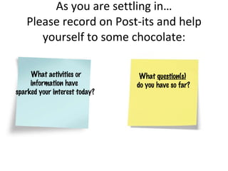 As you are settling in… Please record on Post-its and help yourself to some chocolate: What activities or information have  sparked your interest today? What  question(s)   do you have so far? 