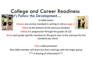 College and Career Readiness Let’s Follow the Development… In table teams Choose  one anchor standard in writing (1-10) on  page 18 Add  it to the bottom of the staircase handout Follow  it’s progression through the grades (K-12) Write  each grade-specific standard on the given lines in the staircase for the standard you chose Pick  a table presenter One table member will share out their noticings with the larger group *** A Sharing of Information*** 