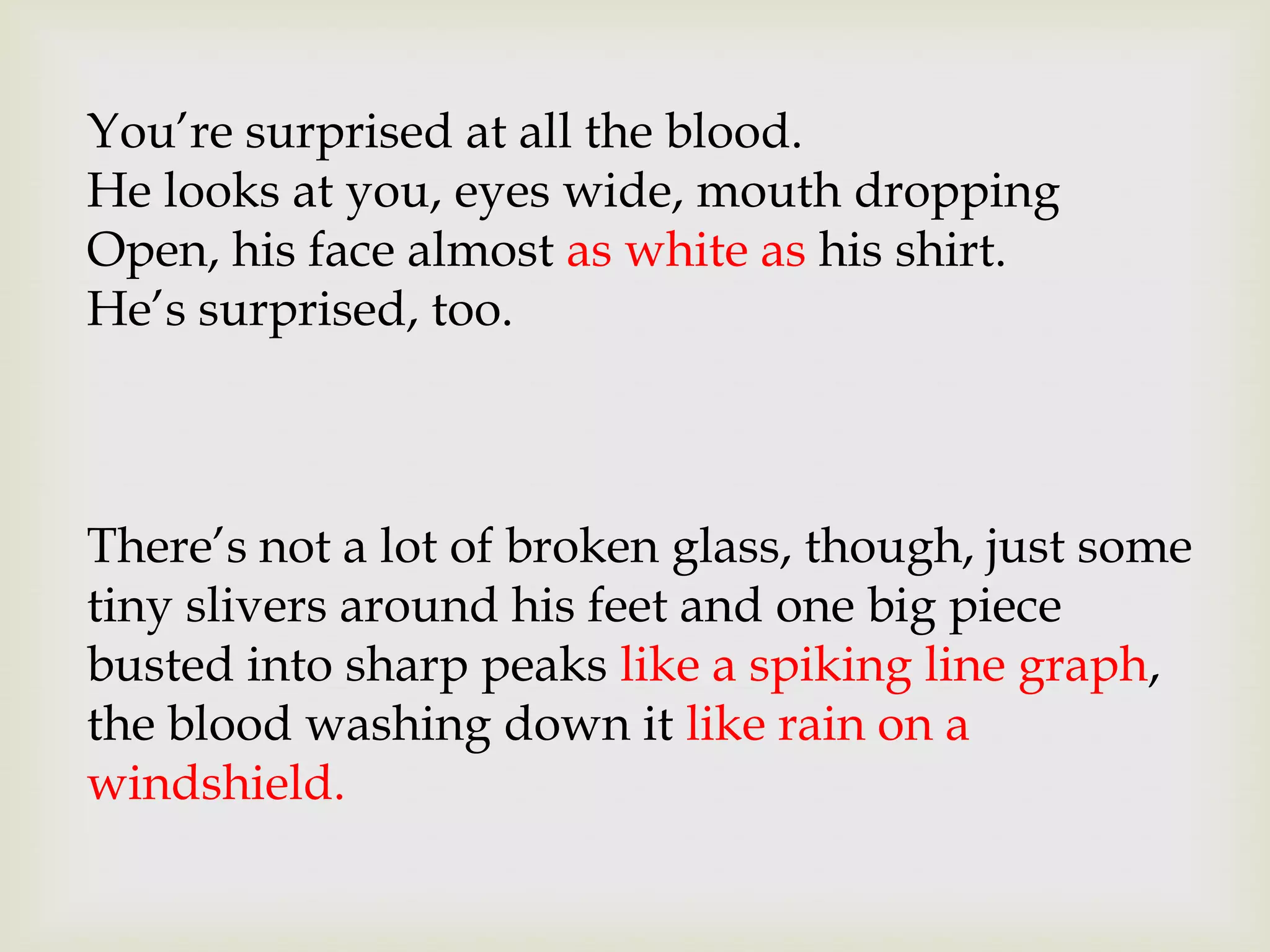 You’re surprised at all the blood.
He looks at you, eyes wide, mouth dropping
Open, his face almost as white as his shirt.
He’s surprised, too.



There’s not a lot of broken glass, though, just some
tiny slivers around his feet and one big piece
busted into sharp peaks like a spiking line graph,
the blood washing down it like rain on a
windshield.
 