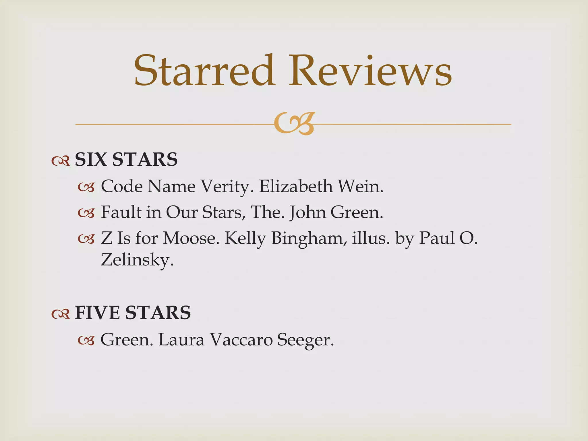 Starred Reviews
                
 SIX STARS
   Code Name Verity. Elizabeth Wein.
   Fault in Our Stars, The. John Green.
   Z Is for Moose. Kelly Bingham, illus. by Paul O.
    Zelinsky.

 FIVE STARS
   Green. Laura Vaccaro Seeger.
 