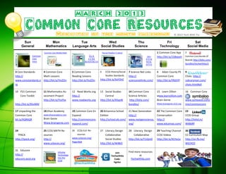 Common Core Resources                                                                                                                © 2013 Tech With Tia

      Sun                  Mon                       Tue                    Wed
                                                                                     ©                      Thu                   Fri                         Sat
     General            Mathematics              Language Arts          Social Studies                    Science             Technology                  Social Media
                       Common Core Middle Math                              Social Studies Central                          1 Common Core App         2
              Common                                           ELA                                                  100+    http://bit.ly/15BqvyH     Common Core Bundle of
              Core                                             CCSS                                                STEM                               Boards http://bitly.com/
              Intro                                         RESOURCES                                              WEB-
                                                                                                                   SITES                              bundles/techwithtia/2


3 Core Standards       4 Common Core             5 Common Core          6      CCSS History/Social   7 Science Net Links    8 Aiken County PS         9 Twitter Education
http://                Math Lessons              Reading Lessons               Studies Standards     http://                Common Core               Chats http://
www.corestandards.o    http://bit.ly/YioZOn      http://bit.ly/YioZOn   http://bit.ly/XaYDhE         sciencenetlinks.com/   http://bit.ly/YRjGYP      cybraryman.com/
rg                                                                                                                                                    chats.html#all

10 P21 Common          11 Mathematics As-        12 Read Works.org      13 Social Studies            14 Common Core         15 Learn Zillion          16 Common Core
   Core Toolkit        sessment Project          http://                    Central                  Science Articles       www.learnzillion.com      Symbaloo
                       http://bit.ly/YIolYw      www.readworks.org      http://bit.ly/XilypW         http://bitly.com/      Brain Genie               www.symbaloo.com/
http://bit.ly/XGvMAl                                                                                 bundles/               Www.braingenie.ck12.org   mix/commoncore

17 Unpacking the       18 Khan Academy           19 Common Core En      20 Britannica School  21 Next Generation            22 The Common Core        23
Common Core            www.khanacademy.com       Espanol                Edition               http://                       Conversation              CCSS Group
bit.ly/XQR6QR          Brain Genie               http://commoncore-     http://school.eb.com/ www.nextgenscience.           http://                   http://linkd.in/
                       Www.braingenie.com        espanol.com/                                 org/                          www.edcanvas.com/         Wk8dRf

24                     25 CCSS MATH Re-          26 CCSS ELA Re-        27 Literacy Design           28 Literacy Design     29 Teaching Channel       30 Facebook
  TPACK                sources                       sources                Collaborative                Collaborative      CCSS Videos               CC Curriculum Map
http://tpack.org/      http://                   www.scboces.org/           Social Studies           http://bit.ly/Y1iQm0   http://bit.ly/XCHa1a      http://on.fb.me/
                                                 Page/664
                       www.scboces.org/                                 http://bit.ly/Wi8kfJ                                                          WiCHCO

31 Educore
                                    Infusing                                             Join        Find more resources
http://                             Technology                                       Techwithtia             at
educore.ascd.org                    Into the                                                           Techwithtia.com
                                                                                        Code:
                                    CCSS
                                                                                       hgvlsn
 