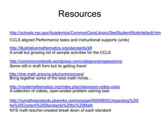 Resources
http://schools.nyc.gov/Academics/CommonCoreLibrary/SeeStudentWork/default.htm
CCLS aligned Performance tasks and instructional supports (units)

http://illustrativemathematics.org/standards/k8
A small but growing list of sample activities for the CCLS

http://commoncoretools.wordpress.com/category/progressions/
Some still in draft form but its getting there!

http://ime.math.arizona.edu/commoncore/
Bring together some of the best math minds…

http://insidemathematics.org/index.php/classroom-video-visits
A collection of videos, open-ended problem solving task

http://nymathstandards.pbworks.com/w/page/45609650/Unpacking%20t
he%20Content%20Standards%20for%20Math
NYS math teacher-created break down of each standard
 