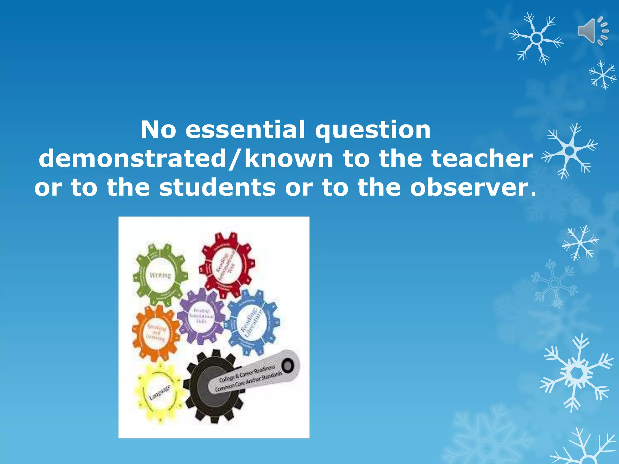 No essential question
demonstrated/known to the teacher
or to the students or to the observer.