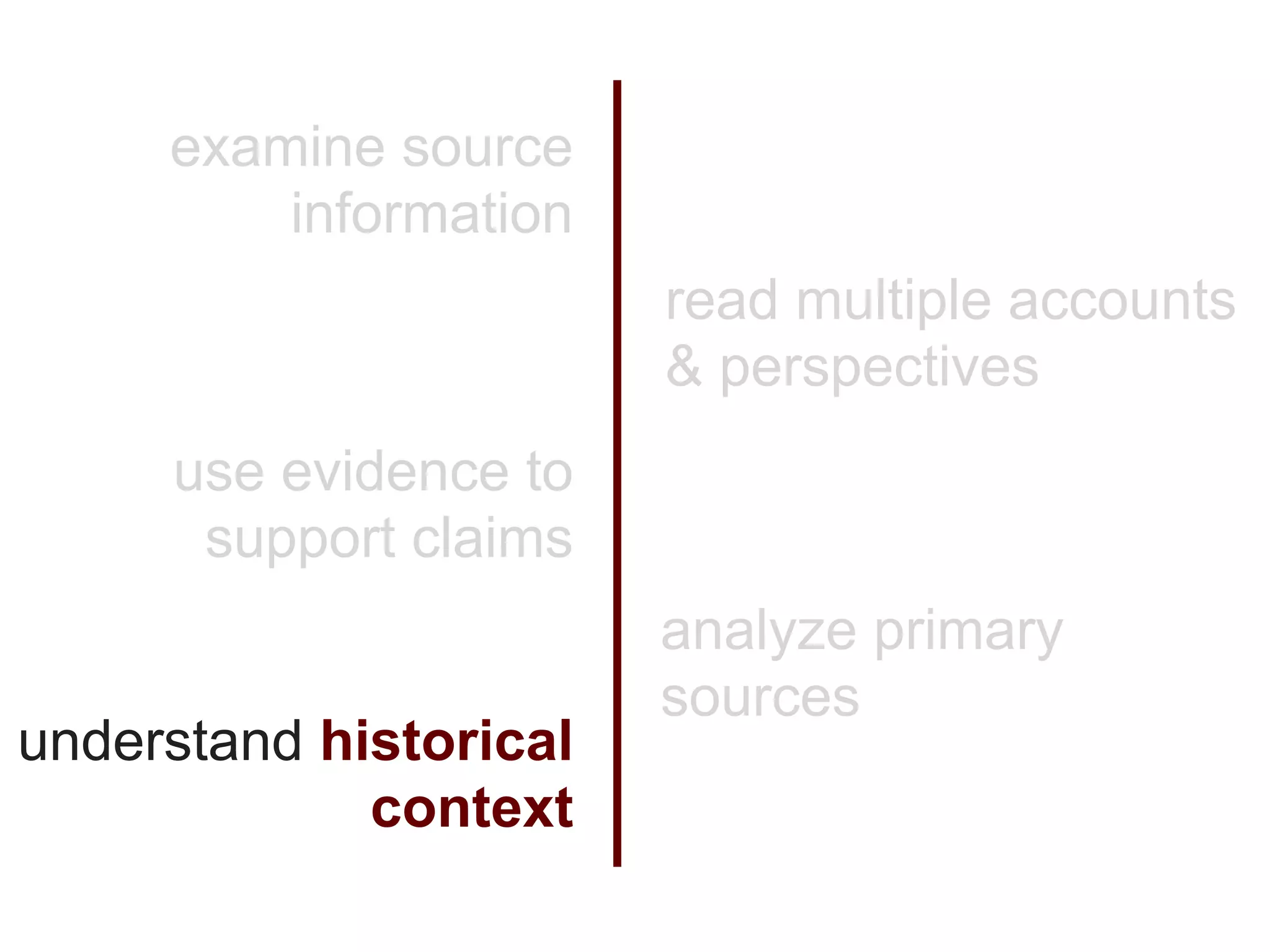 examine source
         information
                        read multiple accounts
                        & perspectives
     use evidence to
      support claims
                        analyze primary
                        sources
understand historical
             context
 