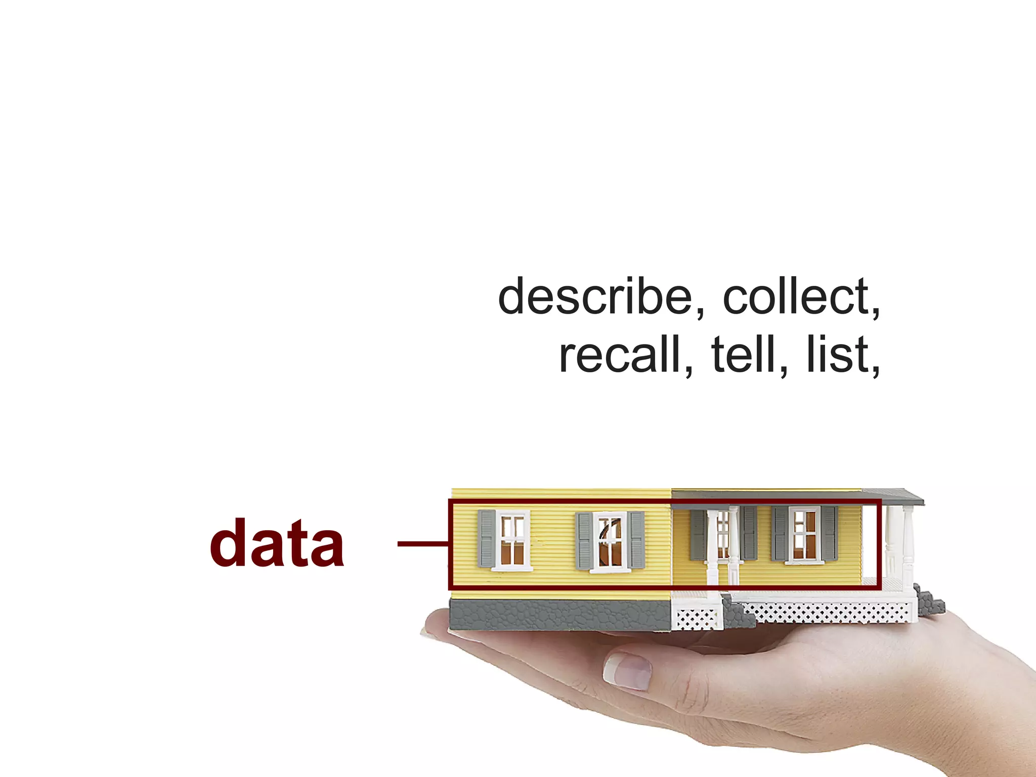 describe, collect,
         recall, tell, list,


data
 