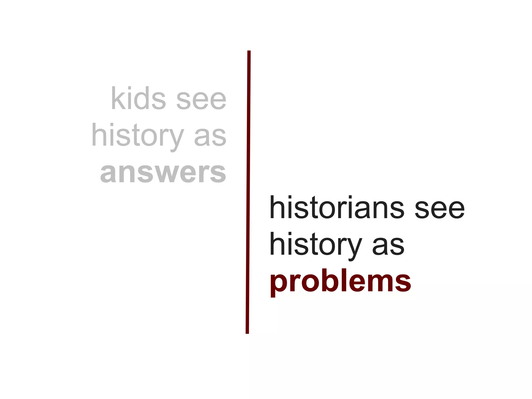 kids see
history as
answers
             historians see
             history as
             problems
 