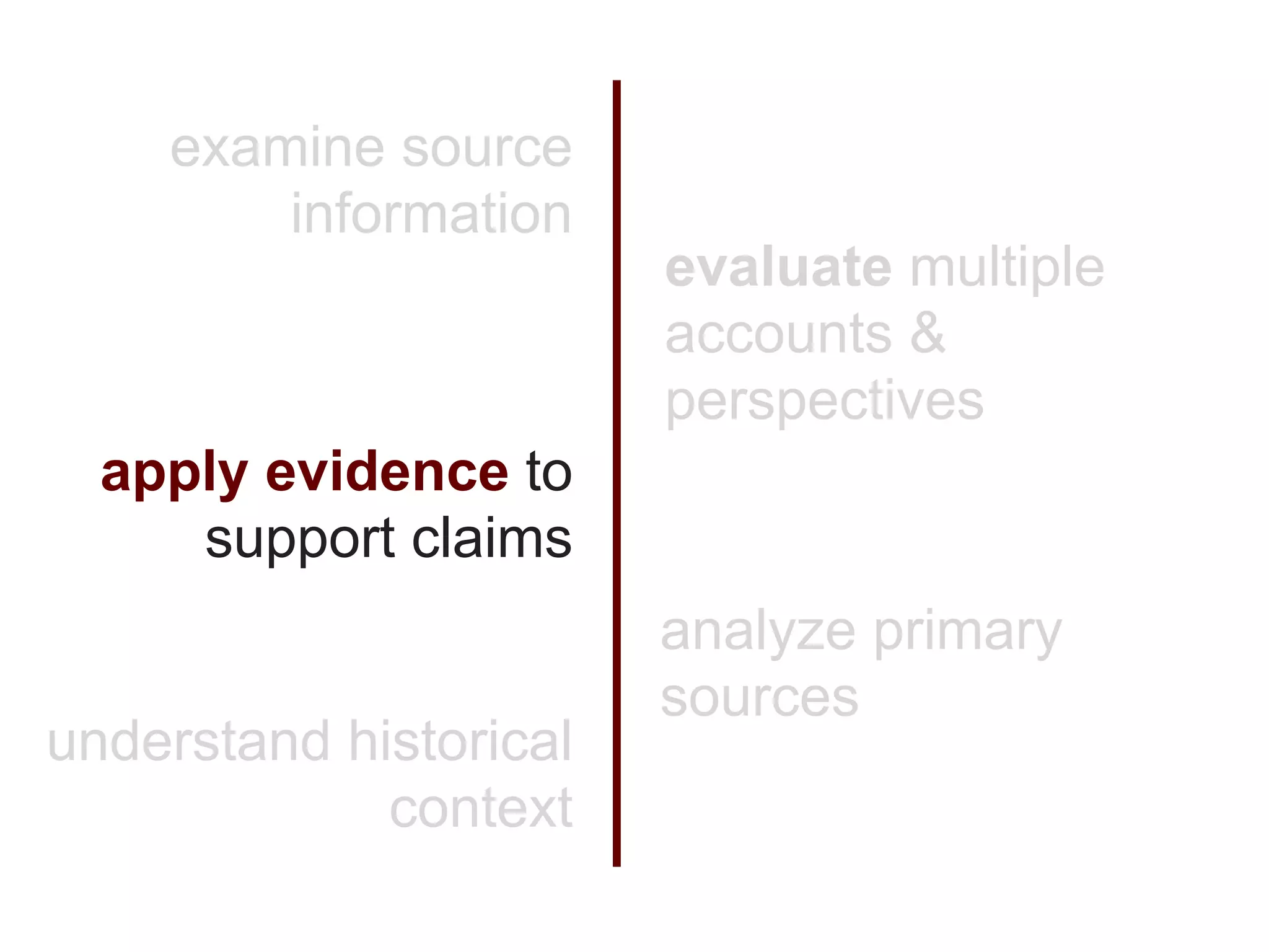examine source
        information
                        evaluate multiple
                        accounts &
                        perspectives
  apply evidence to
     support claims
                        analyze primary
                        sources
understand historical
             context
 