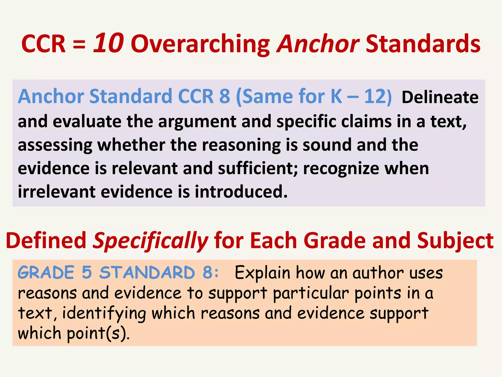 CCR = 10 Overarching Anchor Standards
 Anchor Standard CCR 8 (Same for K – 12) Delineate
 and evaluate the argument and specific claims in a text,
 assessing whether the reasoning is sound and the
 evidence is relevant and sufficient; recognize when
 irrelevant evidence is introduced.

Defined Specifically for Each Grade and Subject
 GRADE 5 STANDARD 8: Explain how an author uses
 reasons and evidence to support particular points in a
 text, identifying which reasons and evidence support
 which point(s).
 