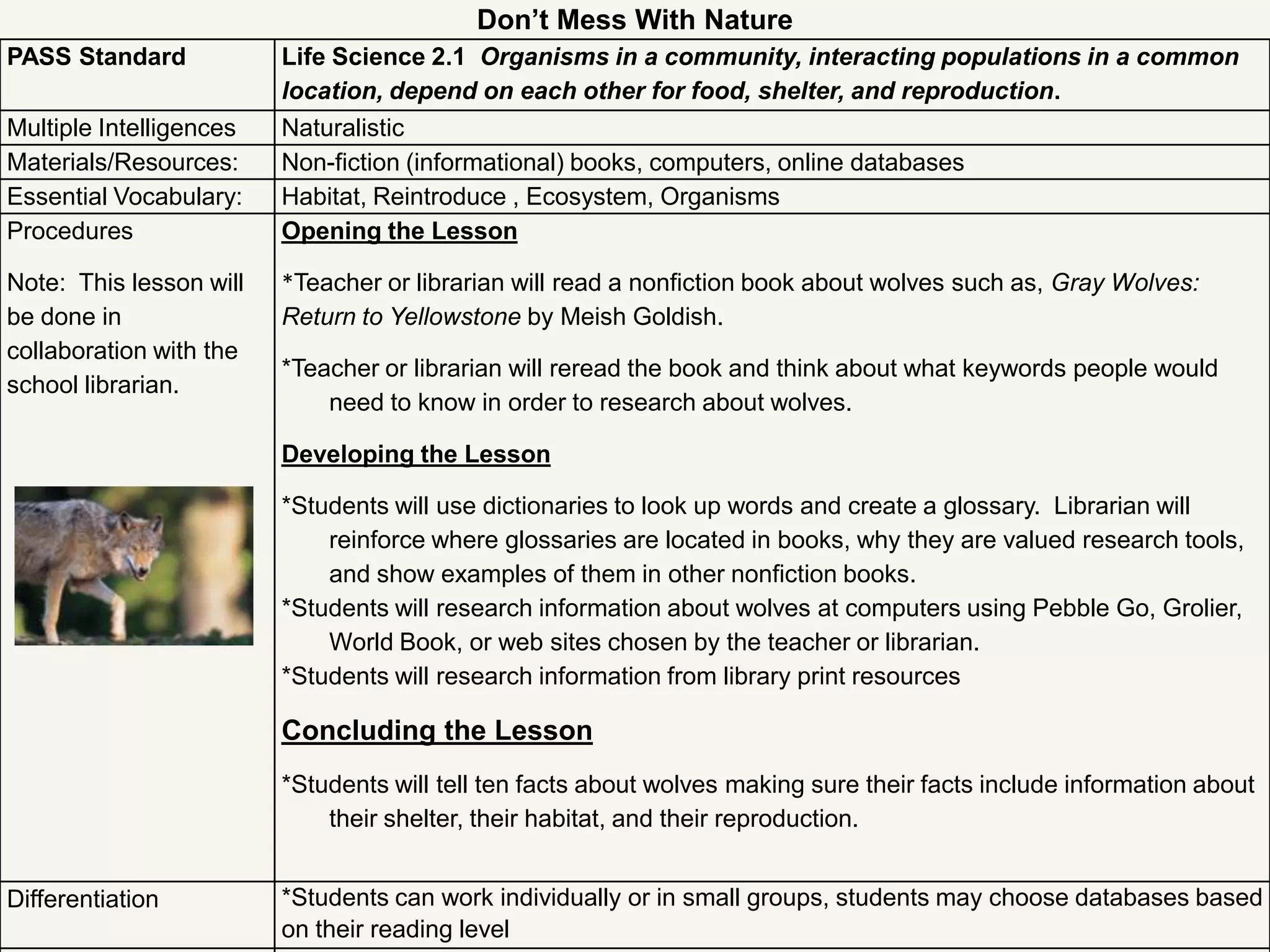 Don’t Mess With Nature
PASS Standard            Life Science 2.1 Organisms in a community, interacting populations in a common
                         location, depend on each other for food, shelter, and reproduction.
Multiple Intelligences   Naturalistic
Materials/Resources:     Non-fiction (informational) books, computers, online databases
Essential Vocabulary:    Habitat, Reintroduce , Ecosystem, Organisms
Procedures               Opening the Lesson

Note: This lesson will   *Teacher or librarian will read a nonfiction book about wolves such as, Gray Wolves:
be done in               Return to Yellowstone by Meish Goldish.
collaboration with the
                         *Teacher or librarian will reread the book and think about what keywords people would
school librarian.
                             need to know in order to research about wolves.

                         Developing the Lesson

                         *Students will use dictionaries to look up words and create a glossary. Librarian will
                             reinforce where glossaries are located in books, why they are valued research tools,
                             and show examples of them in other nonfiction books.
                         *Students will research information about wolves at computers using Pebble Go, Grolier,
                             World Book, or web sites chosen by the teacher or librarian.
                         *Students will research information from library print resources

                         Concluding the Lesson
                         *Students will tell ten facts about wolves making sure their facts include information about
                             their shelter, their habitat, and their reproduction.


Differentiation          *Students can work individually or in small groups, students may choose databases based
                         on their reading level
 
