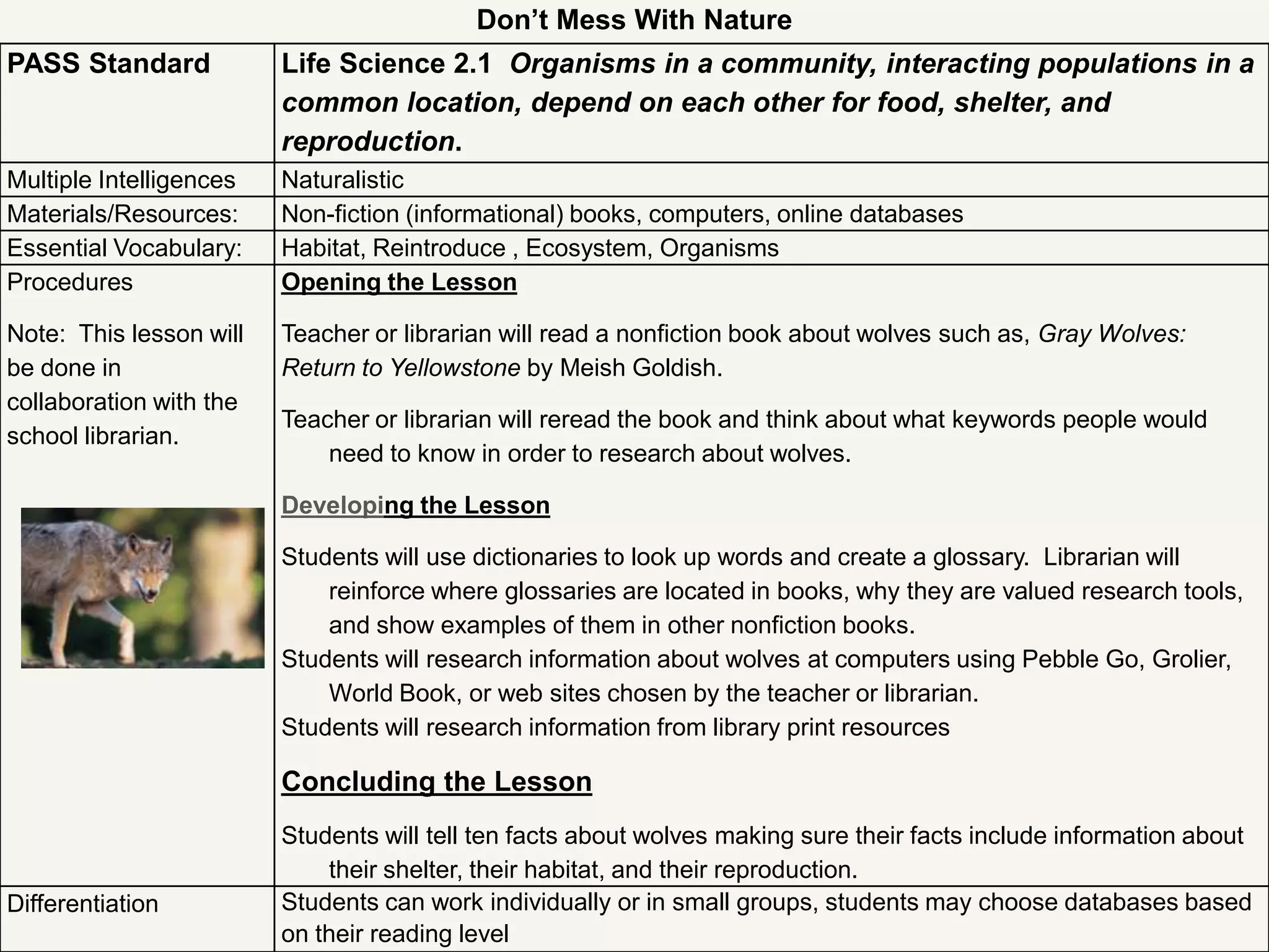 Don’t Mess With Nature
PASS Standard            Life Science 2.1 Organisms in a community, interacting populations in a
                         common location, depend on each other for food, shelter, and
                         reproduction.
Multiple Intelligences   Naturalistic
Materials/Resources:     Non-fiction (informational) books, computers, online databases
Essential Vocabulary:    Habitat, Reintroduce , Ecosystem, Organisms
Procedures               Opening the Lesson

Note: This lesson will   Teacher or librarian will read a nonfiction book about wolves such as, Gray Wolves:
be done in               Return to Yellowstone by Meish Goldish.
collaboration with the
                         Teacher or librarian will reread the book and think about what keywords people would
school librarian.
                             need to know in order to research about wolves.

                         Developing the Lesson

                         Students will use dictionaries to look up words and create a glossary. Librarian will
                             reinforce where glossaries are located in books, why they are valued research tools,
                             and show examples of them in other nonfiction books.
                         Students will research information about wolves at computers using Pebble Go, Grolier,
                             World Book, or web sites chosen by the teacher or librarian.
                         Students will research information from library print resources

                         Concluding the Lesson
                         Students will tell ten facts about wolves making sure their facts include information about
                             their shelter, their habitat, and their reproduction.
Differentiation          Students can work individually or in small groups, students may choose databases based
                         on their reading level
 