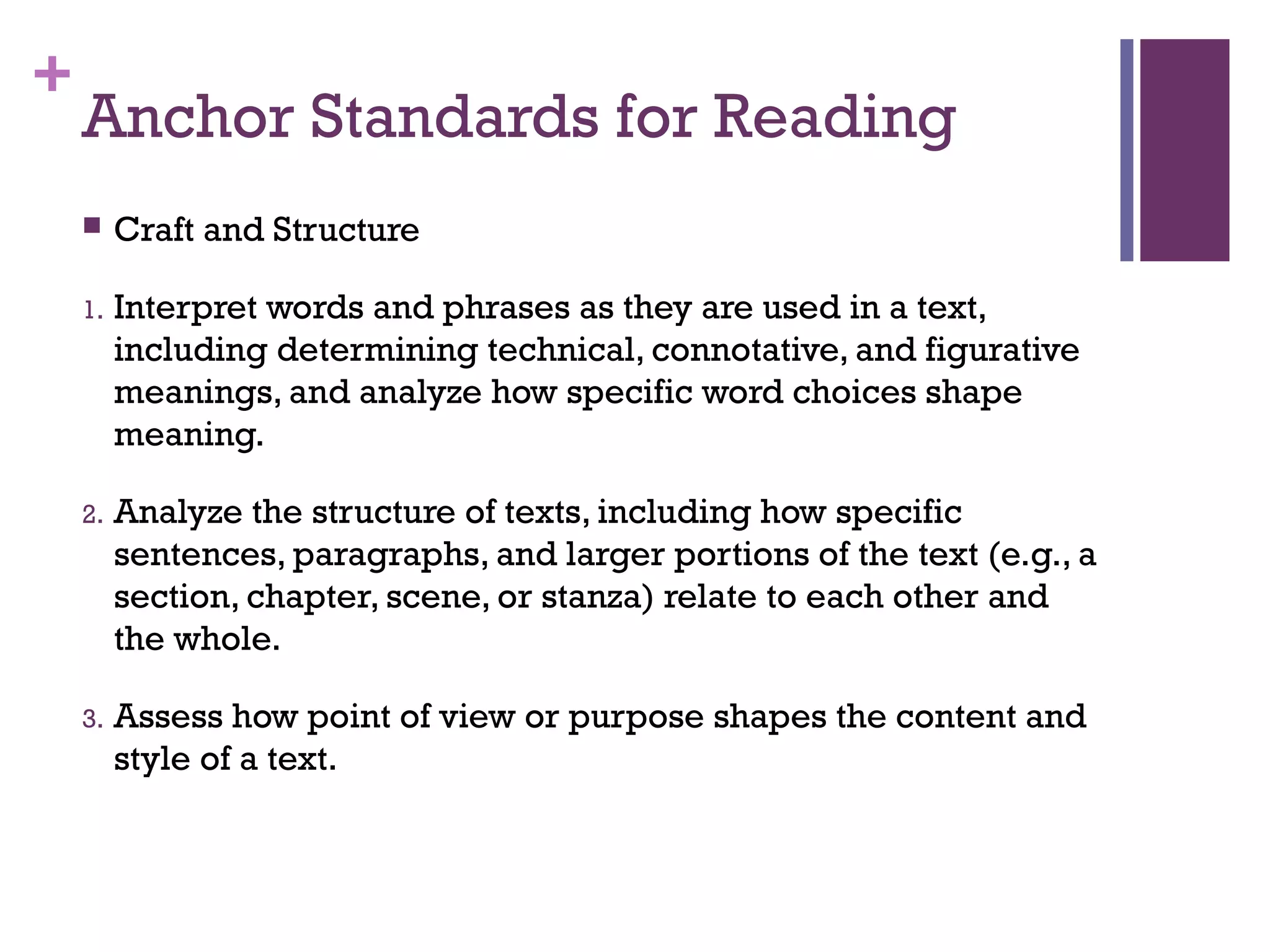 +
Anchor Standards for Reading
 Craft and Structure
1. Interpret words and phrases as they are used in a text,
including determining technical, connotative, and figurative
meanings, and analyze how specific word choices shape
meaning.
2. Analyze the structure of texts, including how specific
sentences, paragraphs, and larger portions of the text (e.g., a
section, chapter, scene, or stanza) relate to each other and
the whole.
3. Assess how point of view or purpose shapes the content and
style of a text.
 