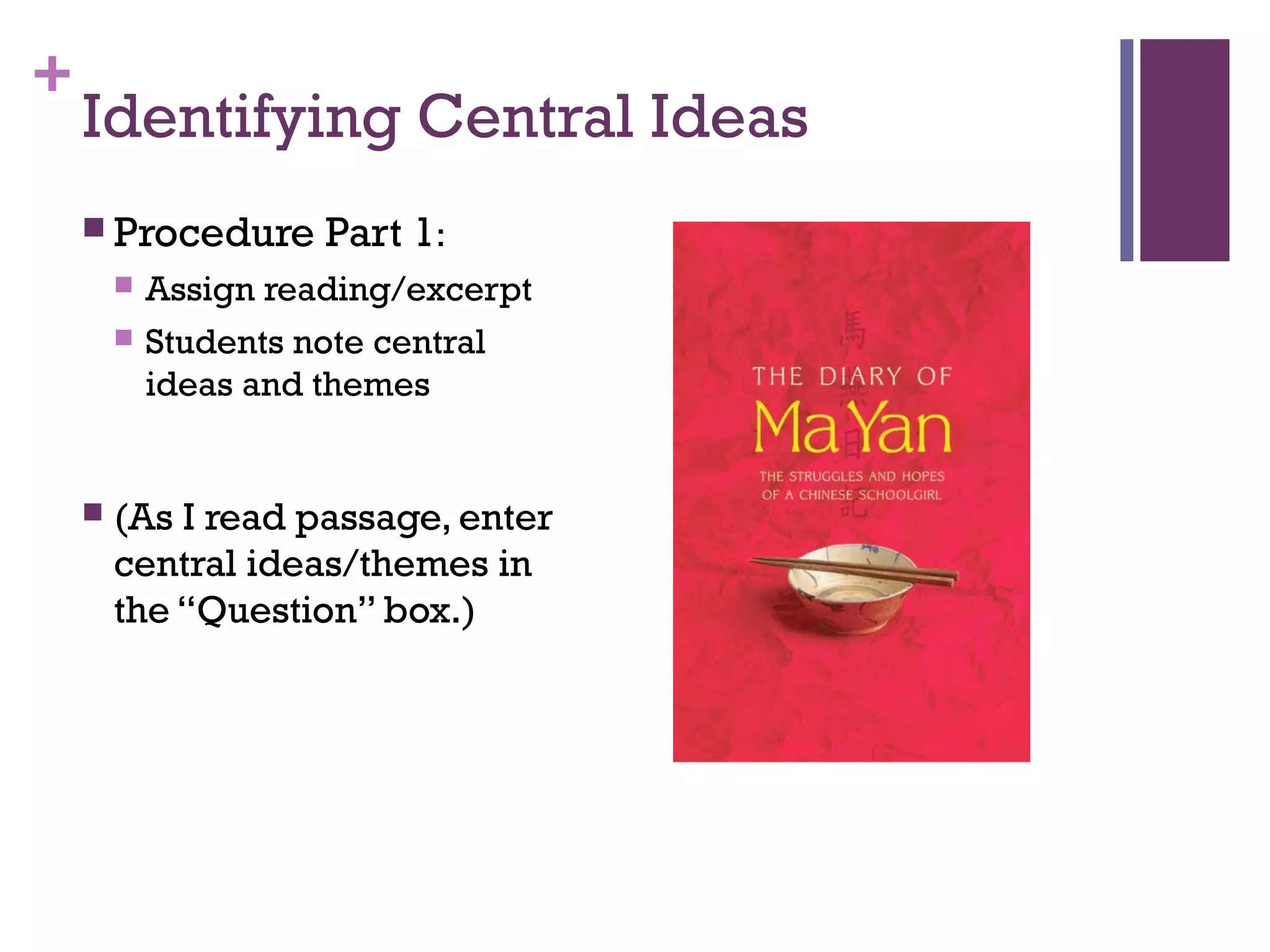 +
Identifying Central Ideas
 Procedure Part 1:
 Assign reading/excerpt
 Students note central
ideas and themes
 (As I read passage, enter
central ideas/themes in
the “Question” box.)
 