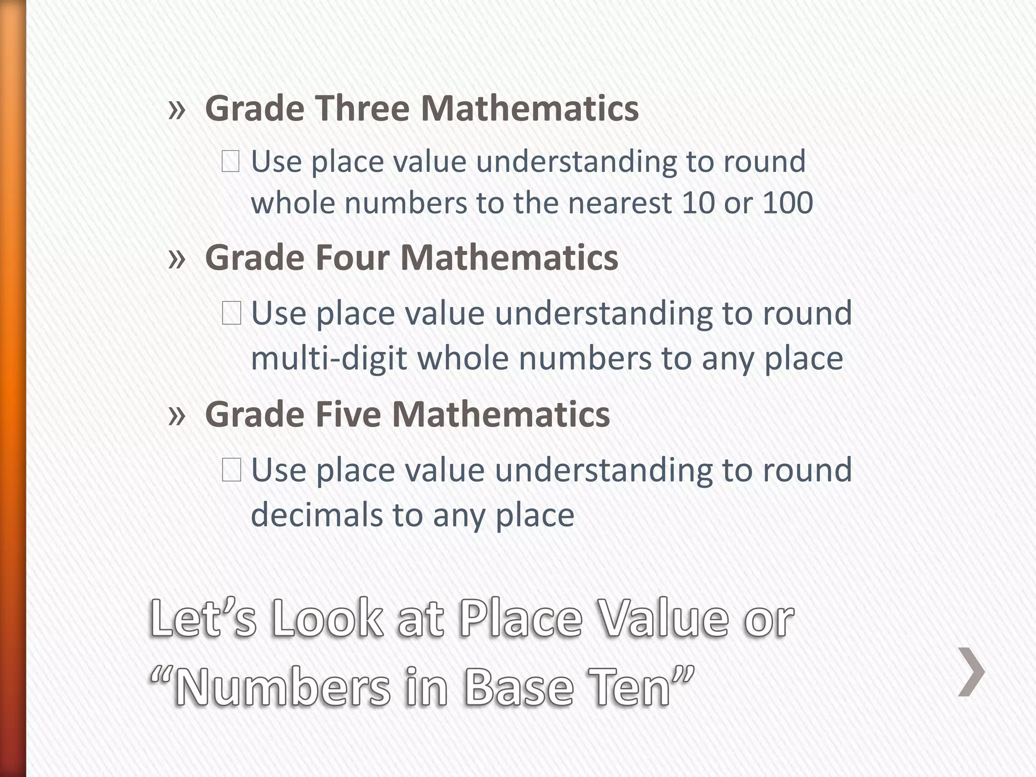 » Grade Three Mathematics
  ˃Use place value understanding to round
   whole numbers to the nearest 10 or 100
» Grade Four Mathematics
  ˃Use place value understanding to round
   multi-digit whole numbers to any place
» Grade Five Mathematics
  ˃Use place value understanding to round
   decimals to any place
 