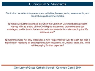 Curriculum V. Standards
Curriculum includes many resources: activities, lessons, units, assessments, and
can include publisher textbooks.
Q: What will Catholic schools do when the Common Core textbooks present
Harvey Milk as a hero of the Civil Rights movement, promote same-sex
marriages, and/or teach that evolution is fundamental in understanding the life
sciences, etc?
Q: Common Core not only introduces a new “experimental” way to teach but also a
high cost of replacing all existing curriculum resources, i.e., books, tests, etc. Who
will be paying for that expense?

Our Lady of Grace Catholic School | Common Core | 2014

 