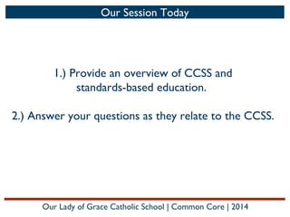 Our Session Today

1.) Provide an overview of CCSS and
standards-based education.
2.) Answer your questions as they relate to the CCSS.

Our Lady of Grace Catholic School | Common Core | 2014

 