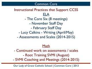 Common Core

Instructional Practices that Support CCSS
ELA
- The Core Six (8 meetings)
- November Staff Day
- February Staff Day
- Lucy Calkins - Writing (April/May)
- Assessments and Scales (2014-2015)
Math
- Continued work on assessments / scales
- Root Training SVMI (August)
- SVMI Coaching and Meetings (2014-2015)
Our Lady of Grace Catholic School | Common Core | 2013

 