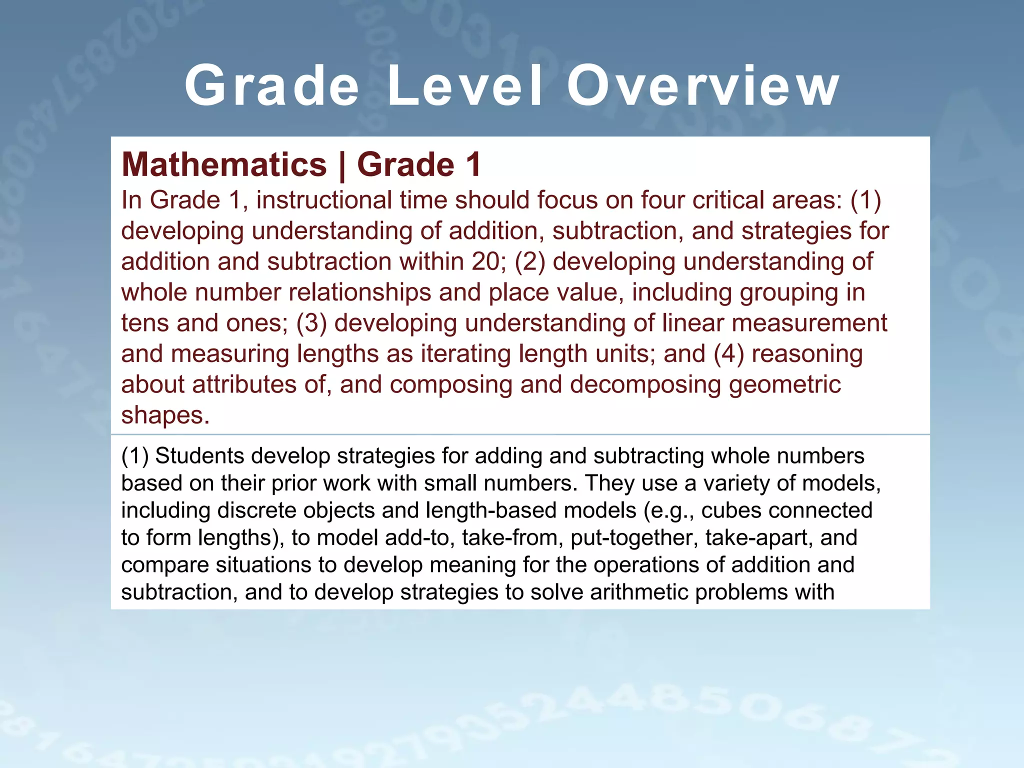 Grade Level Overview Mathematics | Grade 1 In Grade 1, instructional time should focus on four critical areas: (1) developing understanding of addition, subtraction, and strategies for addition and subtraction within 20; (2) developing understanding of whole number relationships and place value, including grouping in tens and ones; (3) developing understanding of linear measurement and measuring lengths as iterating length units; and (4) reasoning about attributes of, and composing and decomposing geometric shapes. (1) Students develop strategies for adding and subtracting whole numbers based on their prior work with small numbers. They use a variety of models, including discrete objects and length-based models (e.g., cubes connected to form lengths), to model add-to, take-from, put-together, take-apart, and compare situations to develop meaning for the operations of addition and subtraction, and to develop strategies to solve arithmetic problems with 
