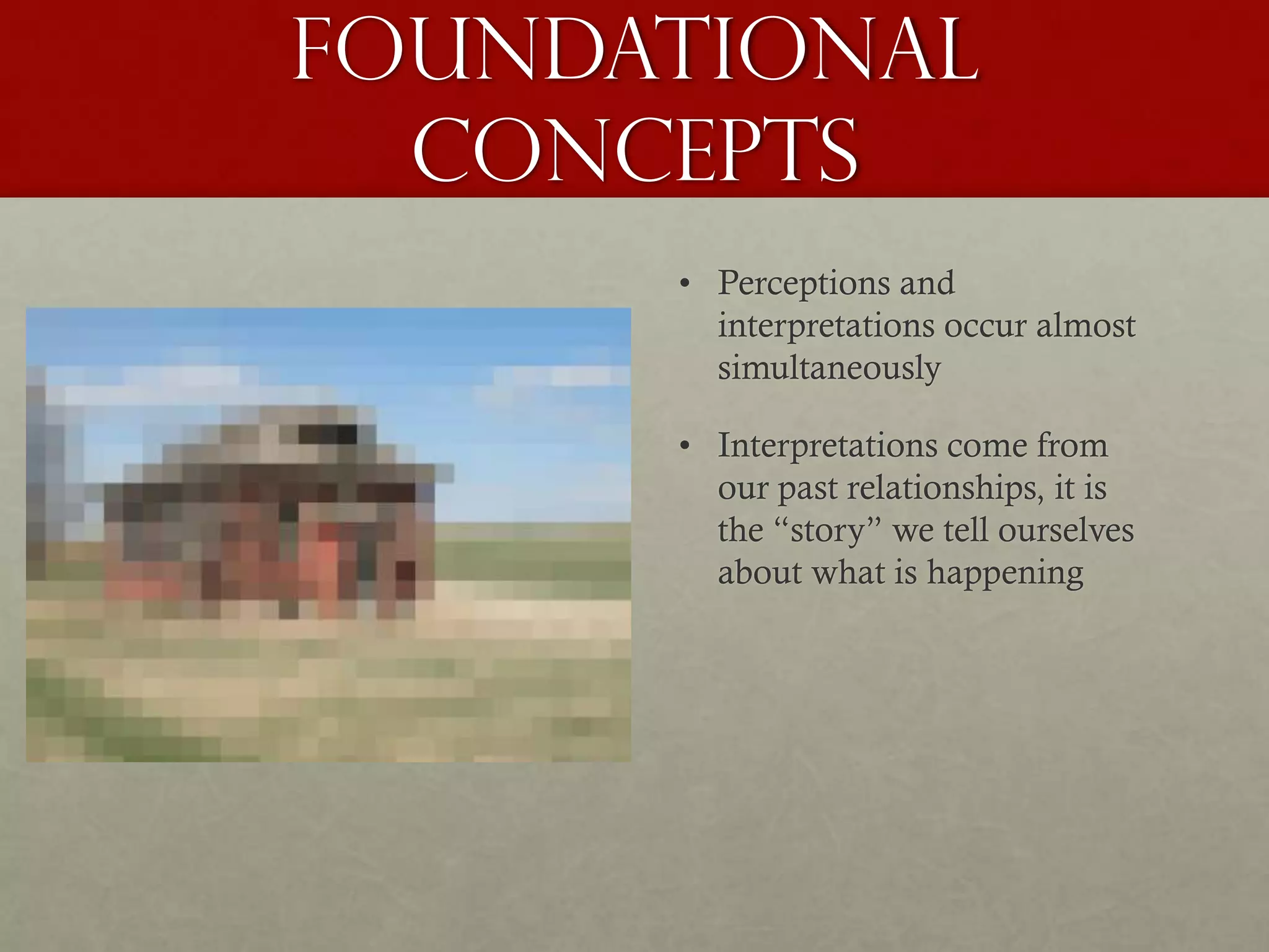 Foundational
Concepts
• Perceptions and
interpretations occur almost
simultaneously
• Interpretations come from
our past relationships, it is
the “story” we tell ourselves
about what is happening
 