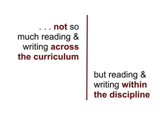 . . . not so
much reading &
 writing across
the curriculum

                     but reading &
                     writing within
                     the discipline
 